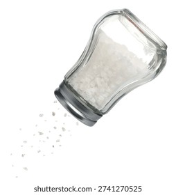 Salt falling down from shaker on white background