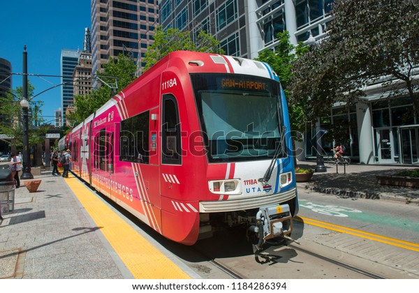 SALT LAKE CITY - JUN. 20, 2018: UTA Light Rail\
Siemens S70 Blue Line at Gallivan Plaza Station in downtown Salt\
Lake City, Utah, USA.