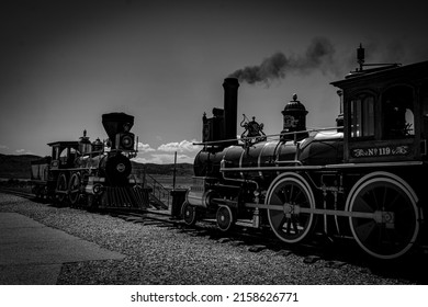 SALT LAKE CITY, UNITED STATES - Jan 06, 2022: A Grayscale Shot Of An Old Train On The Railroad In The Golden Spike National Historical Park, Utah