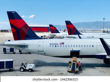 Salt Lake City, UT - July 1, 2019: Close up of Delta airlines planes tail end at SLC airport.