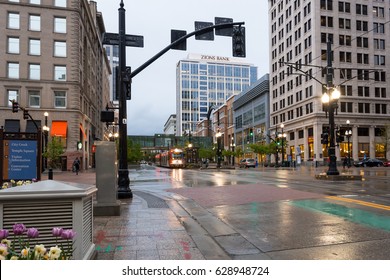 SALT LAKE CITY, UTAH - APRIL 25th, 2017 Main Street And Light Rail System TRAX Vehicle In Wet Spring Morning