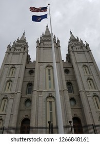 Salt Lake City Utah Church Facade with Flags