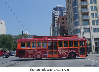 Salt Lake City, Utah- July 2018: Side View Of A Salt Lake City Trolley Tours On The Street.