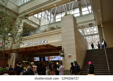 Salt Lake City, Utah / U.S.A. - January 19th 2019: White Mc Donald's Sign And Restaurant At City Creek Shopping Mall Food Court Interior