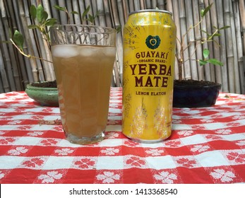 Salt Lake City, Utah / U.S.A. - June 1st 2019: Guayaki Organic Brand Yerba Mate Lemon Elation Drink That Is Truly Delicious And Uplifting On A Hot Spring Day Outdoors