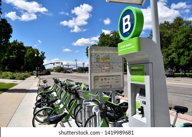 Salt Lake City, Utah / U.S.A. - June 8th 2019: Green Bike Sharing Station For Salt Lake City Non Profit Organization Leading The Way To A More Conservational Earth Friendly Emission Free Way Of Travel