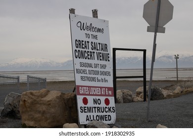 Salt Lake City, Utah, USA - February 02, 2020: Saltair Concert Venue Welcome Sign Near The Great Salt Lake. 