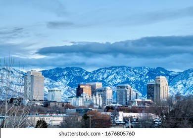 Salt Lake City Winter Skyline Taken At Blue Hour