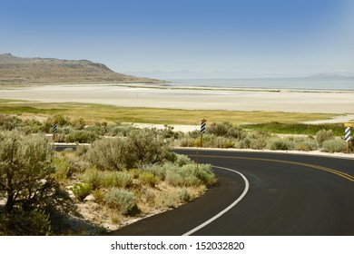 Salt Lake Landscape In Utah USA. Antelope Island State Park. Salt Lake Panorama. Nature Photo Collection. Northern Utah State, USA.