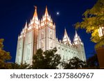 Salt Lake Utah Temple, the church of Jesus Christ of Latter Day Saints at night at Temple Square in Salt Lake City, Utah UT, USA. 