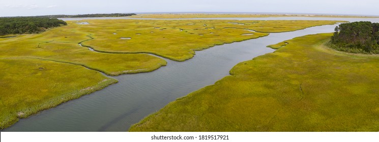 Salt marshes and estuaries are found throughout Cape Cod, Massachusetts. They provide calm nesting, feeding and breeding habitat for a variety of birds, fish, and marine invertebrates.  - Shutterstock ID 1819517921