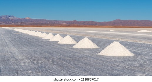 Salt pyramids in the Uyuni salt flat desert near the town of Colchani, Potosi department, Bolivia.
