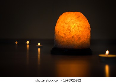 Salt Rock Lamp. Dark Background. Treatment Of Viruses, Colds, Allergies. Aromatherapy, Spa Room Relax Time