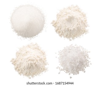 Salt, Sugar And Flour In A Piles Isolated, Top View