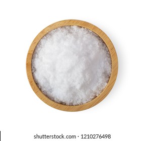 Salt In Wood Bowl Isolated On White Background. Top View