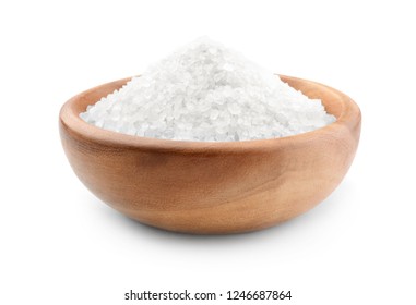 Salt In A Wooden Bowl Isolated On White Background