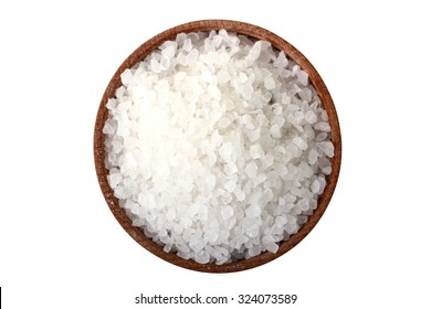 salt in a wooden bowl isolated on white background