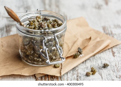 Salted Capers In Glass Jar