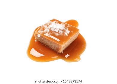 Salted Caramel Candy With Sauce Isolated On White Background