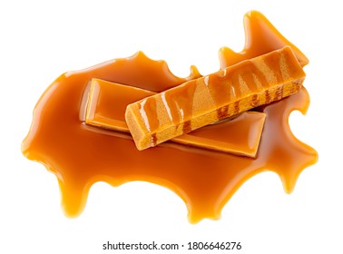 Salted Caramel Chunks  Isolated On White Background. Golden Butterscotch Toffees Caramel Candies.
