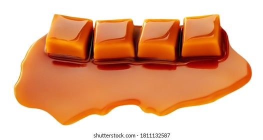 Salted Caramel Chunks  Isolated On White Background. Golden Butterscotch Toffees Caramel Candies.
