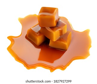 Salted Caramel Chunks  Isolated On White Background. Golden Butterscotch Toffees Caramel Candies.
