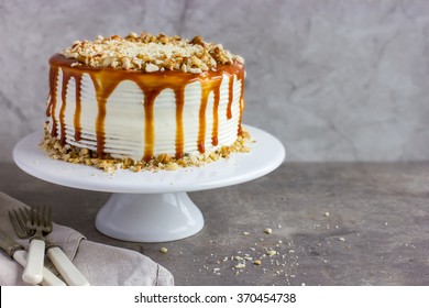 Salted Caramel  And Nuts Cake ,  Selective Focus, Copy Space