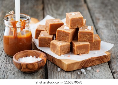 Salted Caramel Pieces And Sea Salt. Golden Butterscotch Toffee Caramels. 