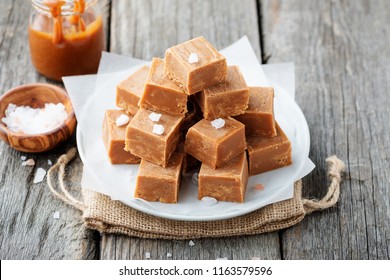 Salted Caramel Pieces And Sea Salt. Golden Butterscotch Toffee Caramels. 