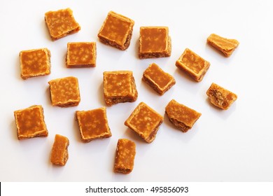 Salted Caramel Pieces And Sea Salt. Golden Butterscotch Toffee Caramels. Toffees.