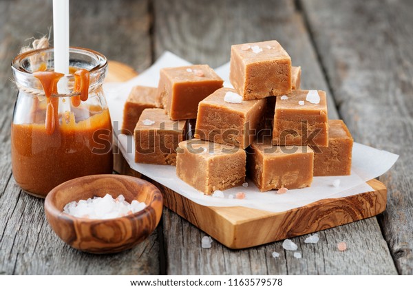 Salted caramel pieces and sea salt. Golden Butterscotch\
toffee caramels. 