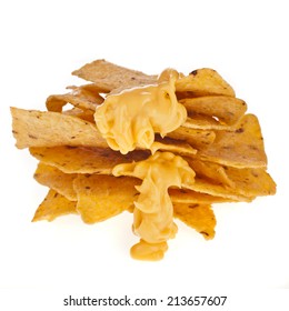 Salted Corn Chip Nacho Snack With Cheese Sauce Isolated On White Background