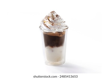 Salted cream milk coffee with whipping cream topping isolated on white background. Coffee latte whipped cream. Famous trendy salt cafe caphe muoi speciality from Vietnam - Powered by Shutterstock