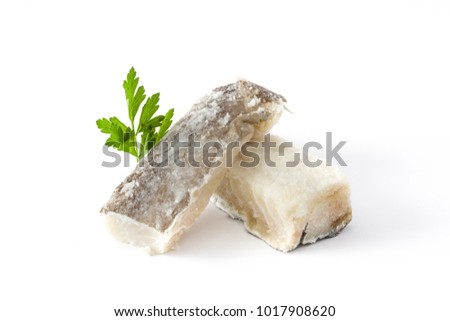 Salted dried cod isolated on white background. Typical Easter food
