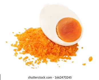 Salted Egg Yolk Powder With Salted Eggs. Yummy And Look Delicious. Isolated On White Background 