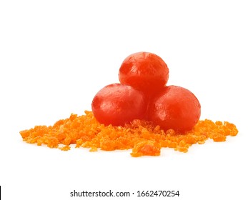 Salted Egg Yolk Powder With Salted Eggs. Yummy And Look Delicious. Isolated On White Background 