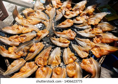 Salted Fish Is A Dry Food. . Fish Marinated In Salty  Sauce And Dried In The Sun To Preserve Food ,Thai Style.Close Up And Top View.
