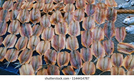 Salted fish drying on racks . Traditional local food in Thailand. Fresh raw Dried fish . - Shutterstock ID 1144414787