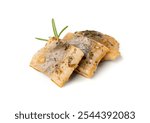 Salted Herring Fillet Pieces Isolated, Raw Pickled Fish Meat with Herbs and Spices, Marinated Herring on White Background