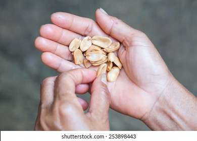 Salted Peanuts In Hand On Women Hand.