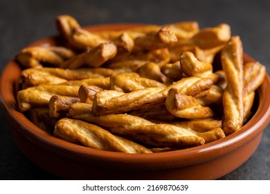 Salted Pretzel Sticks. Salted Crackers In A Bowl.