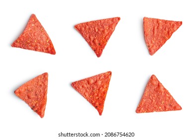 Salted Tortilla Chips Triangle With Red Beet Flavor Isolated On White Background.