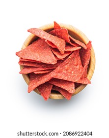 Salted Tortilla Chips Triangle With Red Beet Flavor Isolated On White Background.