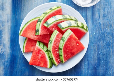 Salted Watermelon Slices Shot Top Down On Plate