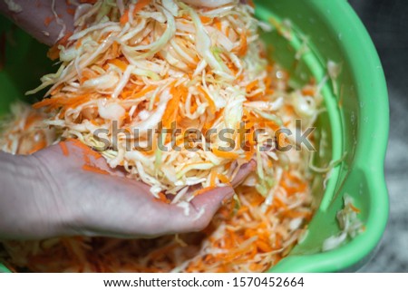 salting of fresh white cabbage, mixing with carrots in a large container