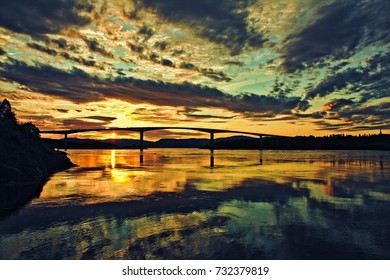 Saltstraumen Bridge And The Midnight Sun, Near Bodo, Norway