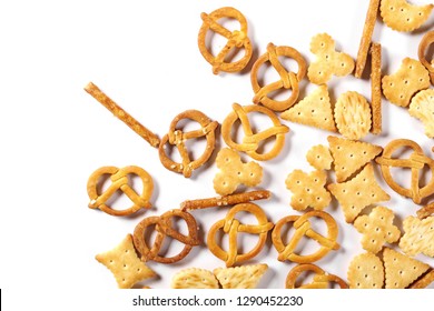 Salty Cracker Pretzel Party Mix Isolated On White Background, Top View