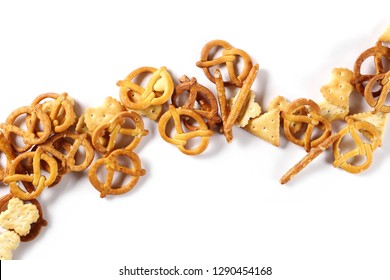 Salty Cracker Pretzel Party Mix Isolated On White Background, Top View