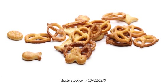 Salty Cracker And Pretzel Snacks, Party Mix Isolated On White Background