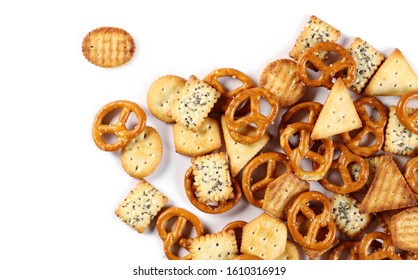 Salty Cracker And Pretzel Snacks, Party Mix Isolated On White Background, Top View